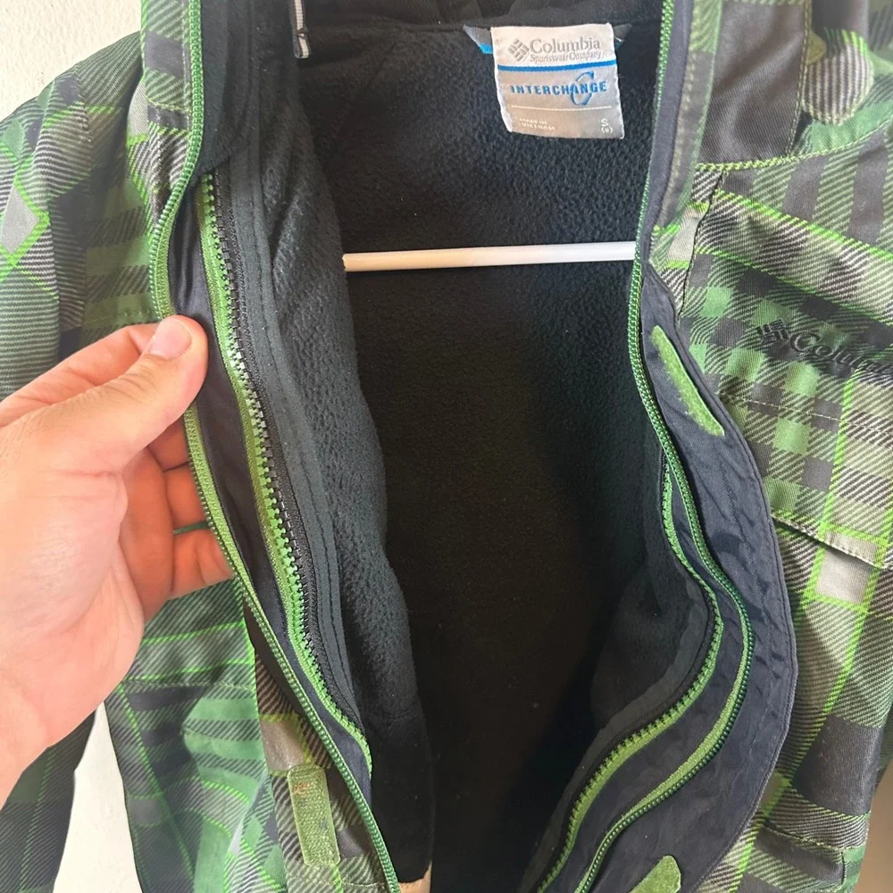 Columbia‎ Interchange Jacket Kids Small Sz 8 Green Plaid Zip 3-in-1 Waterproof